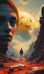 two characters look into the distance as a distant disk appears in the sky