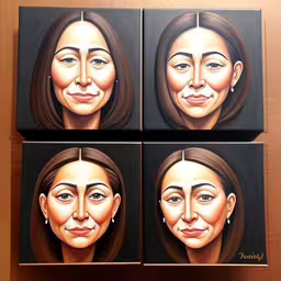 three paintings of two women with eyes on each of them,four images show different faces of people with black hair,three paintings of women on top of a table,a painting of four women with different faces,paintings depicting four different faces of a woman