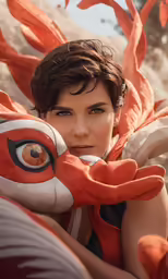 a woman is wearing a large mask and an orange bird