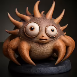 a strange looking, hand carved ceramic statue with eyes