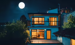 there is a large house at night with lights on