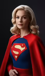 a young woman in superman costume wearing red