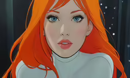 a drawing of a red - haired woman in a futuristic environment