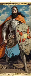 a man dressed in silver and red is holding a shield