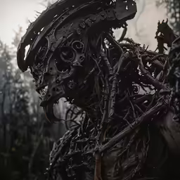 an odd sculpture of many parts in the woods