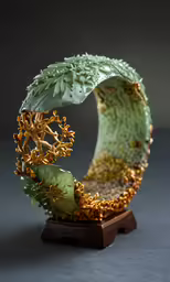 a green vase with a golden frame holding a plant