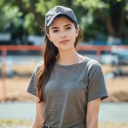 a woman with long hair is wearing a gray shirt