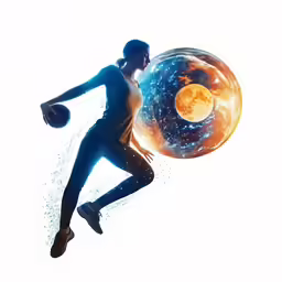 a woman is holding onto an orb in the air