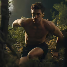 a shirtless man is squatted in the grass