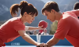 a couple playing tennis, the woman is placing her balls on her arm