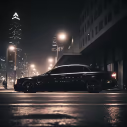 the car is parked outside near the city lights