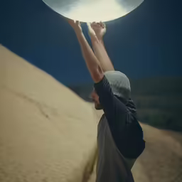 a person with their arms raised and a disc above his head