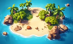 an island with lots of rocks and trees in the water