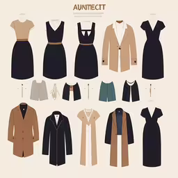 a collection of different clothing styles from the thirties to 1970,the paper doll is displaying some types of clothes