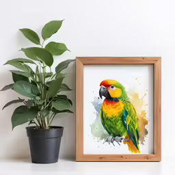 a framed photo of a colorful parrot sitting next to a plant