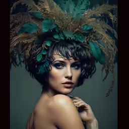 an artistic portrait of a woman wearing an elaborate green hat