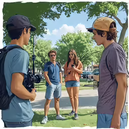 a boy and girl stand together talking to a camera man