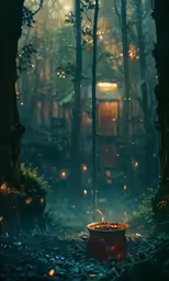 a red campfire in the woods next to a cabin