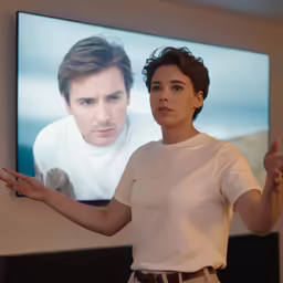 a woman is making gestures in front of a screen