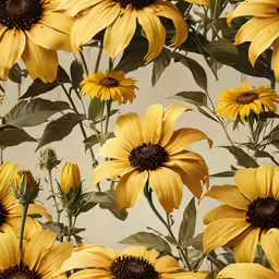 an array of yellow flowers are shown in front of a wall
