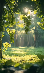 a bright sun shines through the branches of the trees