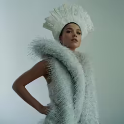 a lady wearing white clothing and a big feathers hat