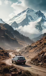 a car parked in the middle of a mountainous landscape