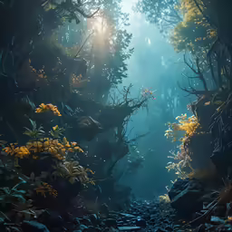 sunlight beams in the woods through the dense foliage
