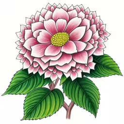 a drawing of a flower with green leaves,a pink flower is drawn on paper and has leaves