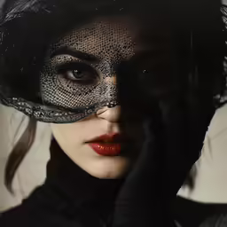 a woman with a veil and a piece of a black lace covering her face