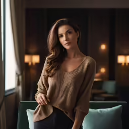 a woman posing in a restaurant next to a window