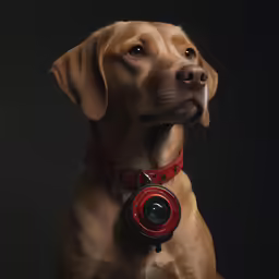 a dog with a red collar and leash sits looking at the camera