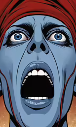 an illustrated avatar of a woman with blue eyes and a red turban