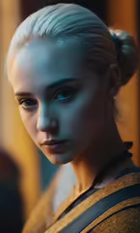 a woman with long hair and a high ponytail