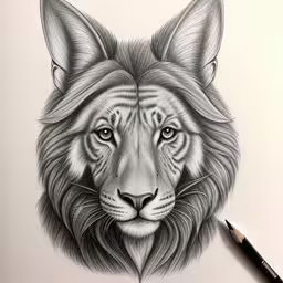 an animal is drawn on paper in this artistic picture,a pencil drawing of a lion