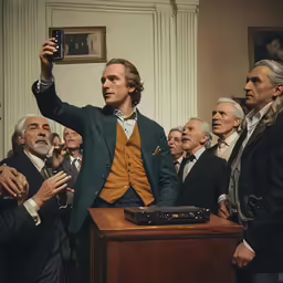 a man in a suit takes a picture of himself with his cell phone while other people look on