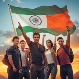 people with a flag and a man standing next to them