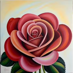 painting of red and pink flower with a green stem,painting of an abstract floral pink flower