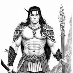 a man with horns and a horned face is dressed up as a warrior with his sword