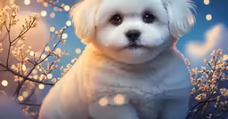 there is a white puppy that is sitting down