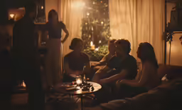 people sitting around in a living room around a christmas tree