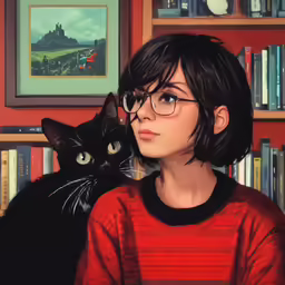 there is a young woman standing next to a black cat