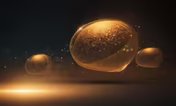 gold colored ornaments sitting in the middle of a dark surface