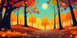 this is a painting with autumn leaves on the tree tops,a painting of a road in the fall