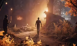 a person walking down a street at night