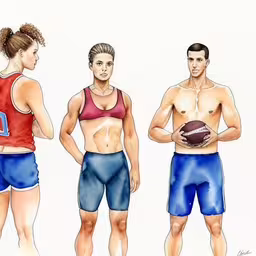 two people with no shirts, and one has no shirt,three male and female body types in a three piece wrestling outfit,three men with no shirts are standing in different colors,three male and female football players are looking at each other,three men with no shirt and one with a football