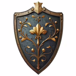 a close up of a shield with gold decorations