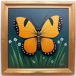 a painting of a butterfly in yellow and black, hanging on a wall,yellow butterfly with black stripes on dark blue background