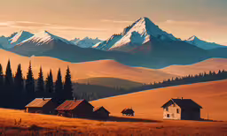 this is a scenic photo with mountains and farm buildings,the sun is setting on a mountain range with cabins and trees
