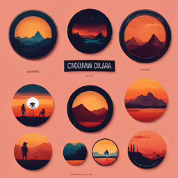 round stickers with a background of mountains and desert,different round badges in the style of mountains